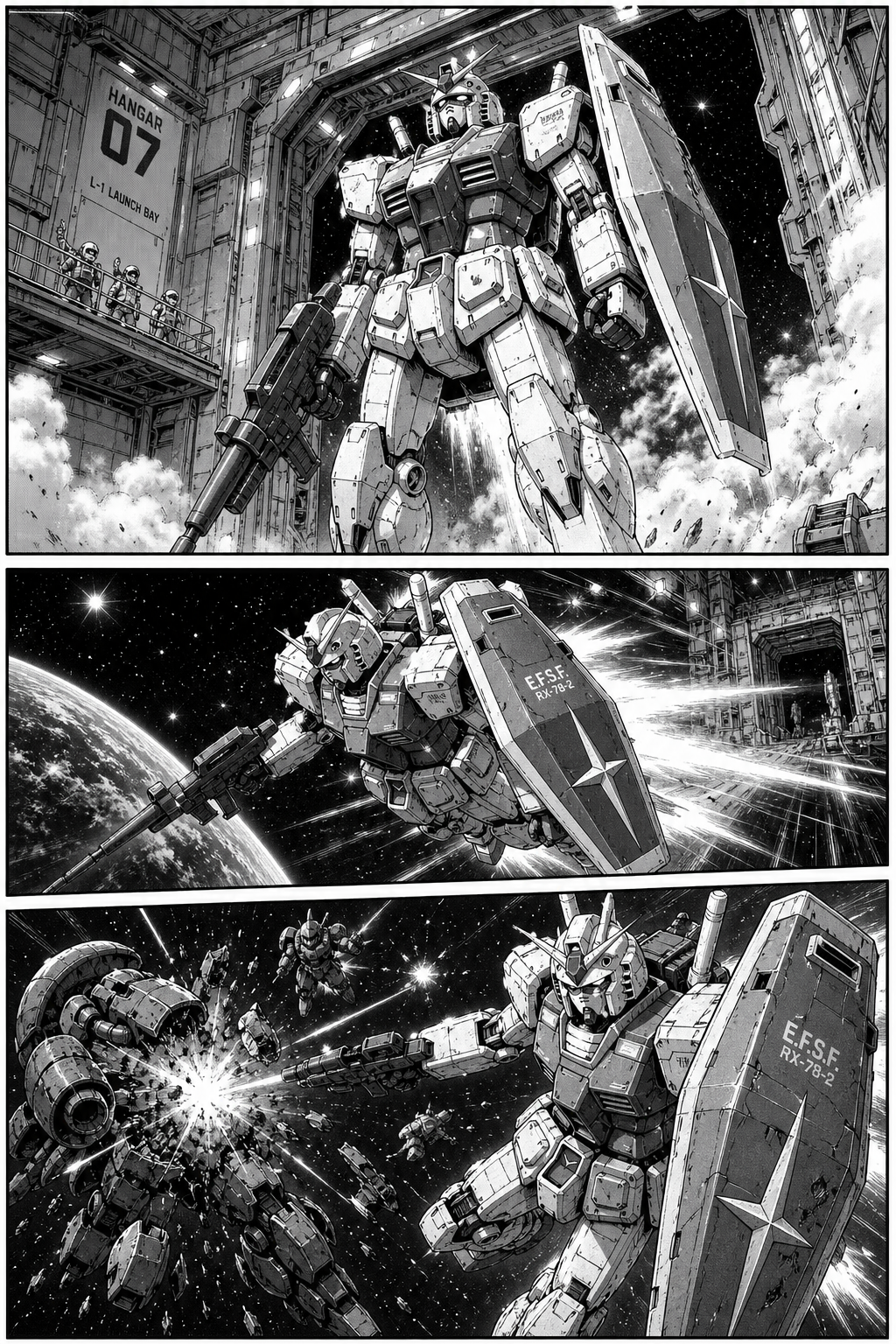 AI-generated mecha manga page